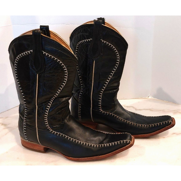 Mexico Black Stitched Men's Size 10‎ Mex 29 Western Leather Boots Pointed Toe - Picture 1 of 11